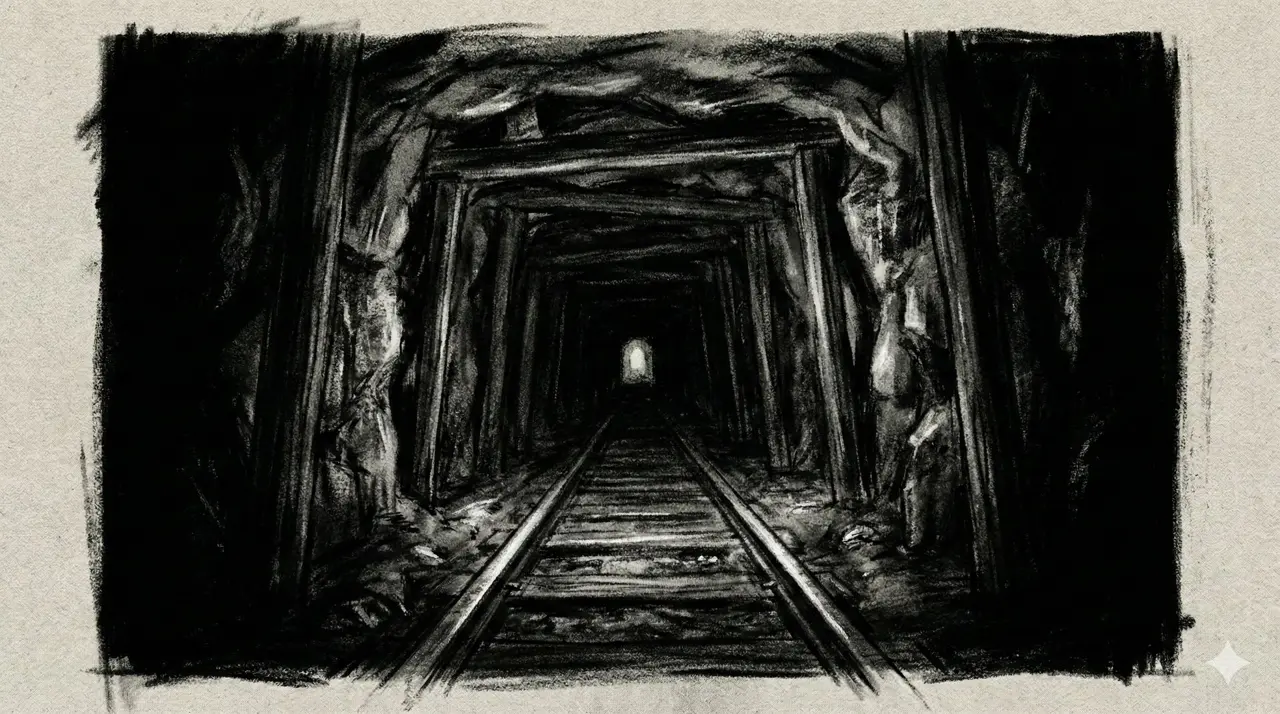 Panel 001: Darkness and Distant Light — near-complete darkness with a single point of warm light glowing in the distance