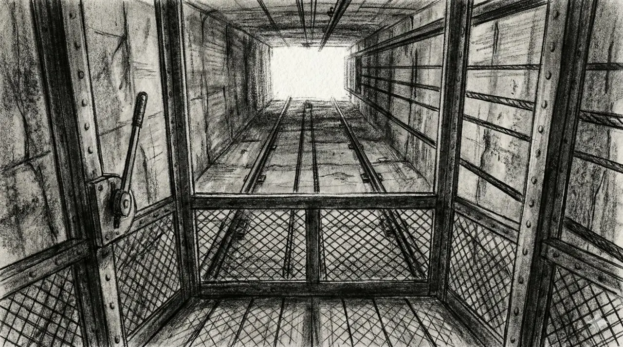 Panel 003: The Lift Cage — industrial mine elevator cage ascending toward blinding daylight above