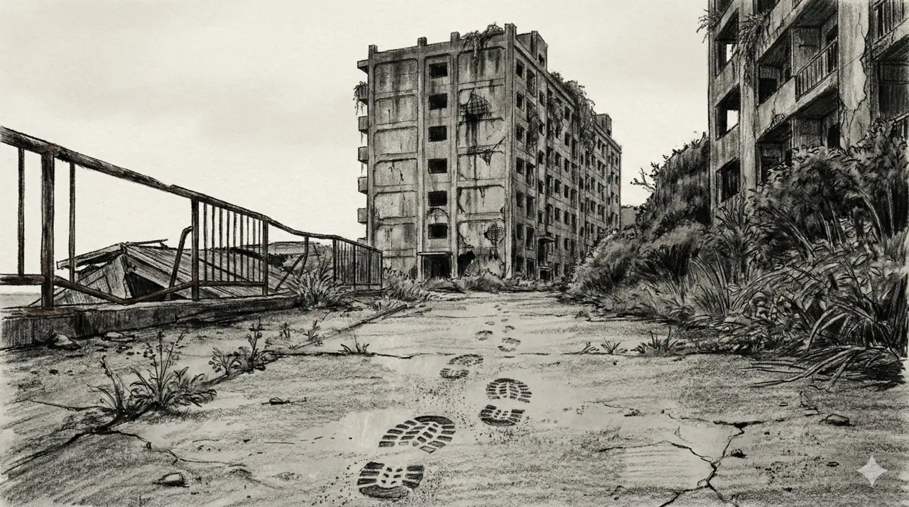 Panel 005: Bootprints Discovery — dusty ground with distinct bootprints leading toward ruined buildings