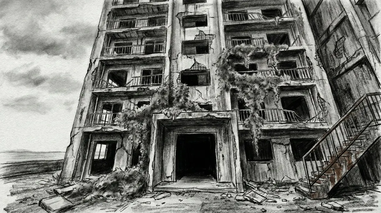 Panel 006: Approaching Building 30 — the massive reinforced concrete apartment block looming ahead through overgrown ruins