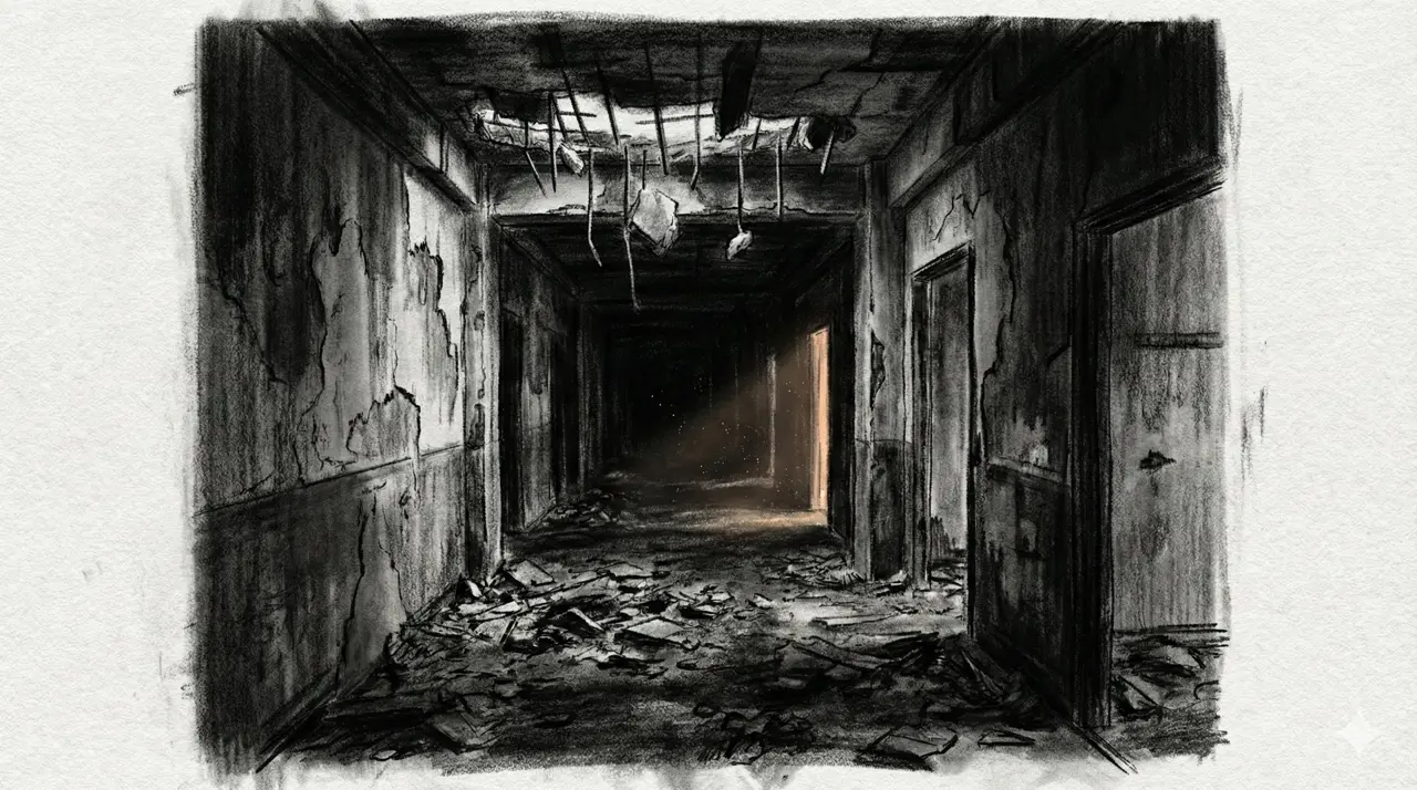 Panel 007: Inside the Ruins — collapsed interior of Building 30 with debris, broken walls, and storm light filtering through
