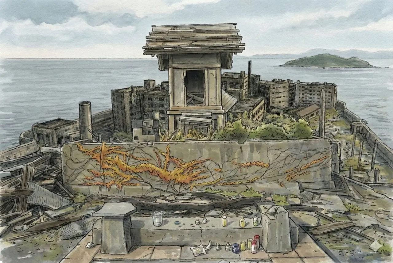 Panel 012: The Mikoshi Choice — first-person view from the shrine platform overlooking the entire ruined island with the mikoshi in the foreground