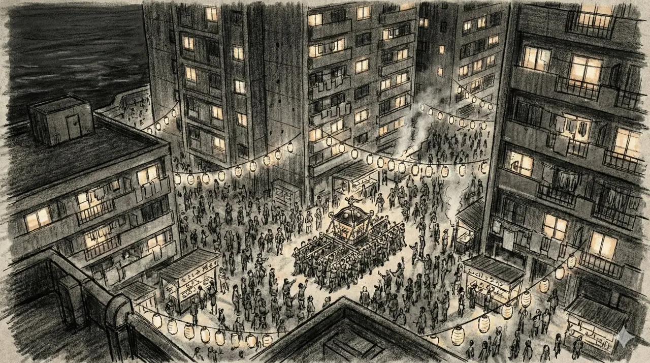 Panel 013: Festival Below — night view from above as crowds carry the mikoshi through lantern-lit streets of a living Hashima