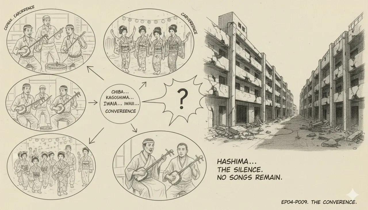 Charcoal sketch: convergence — regional traditions meeting on Hashima's 6.3 hectares