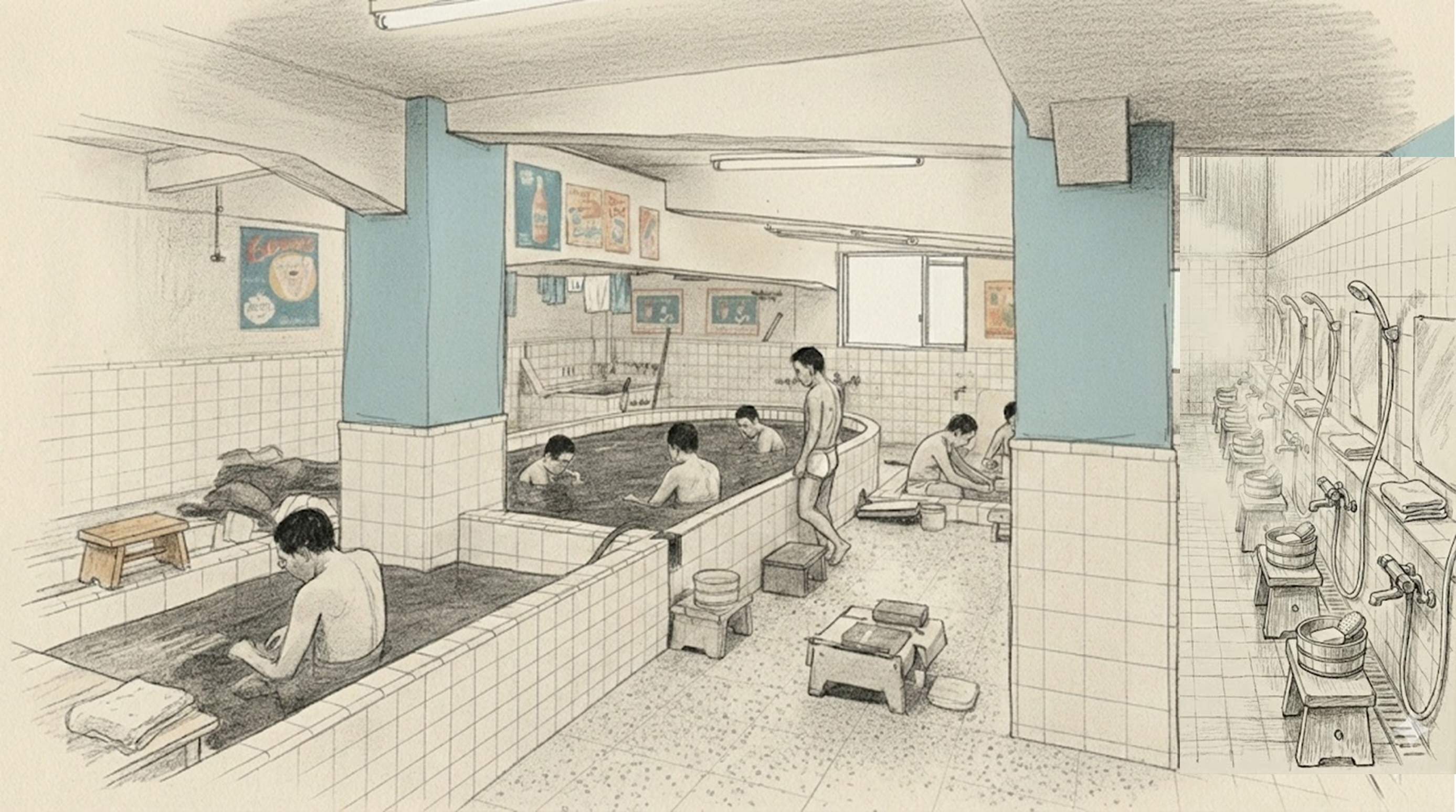 Illustration of a Japanese public bathhouse (sentō) showing workers bathing in tiled pools, washing at stations, with period advertising posters on the walls