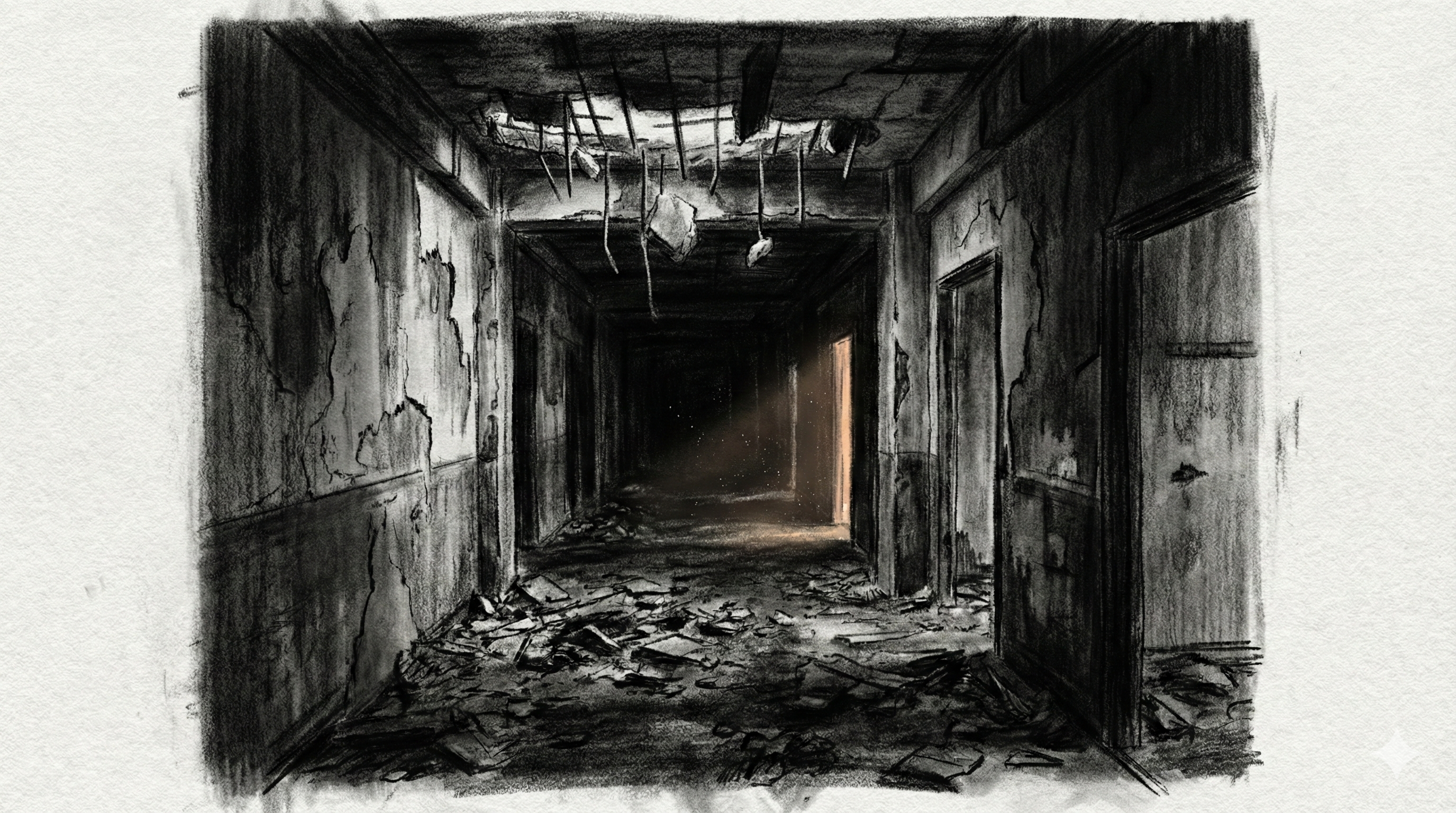 Panel 007: Inside the Ruins — collapsed interior of Building 30 with debris, broken walls, and storm light filtering through