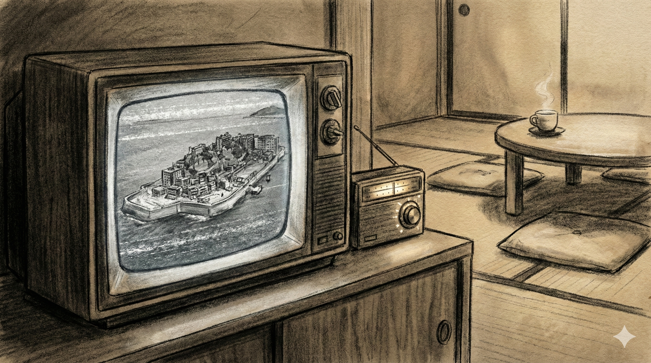 Panel 009: Radio and Warmth — close view of a vintage radio on a table, warm light emanating from it in the darkened room