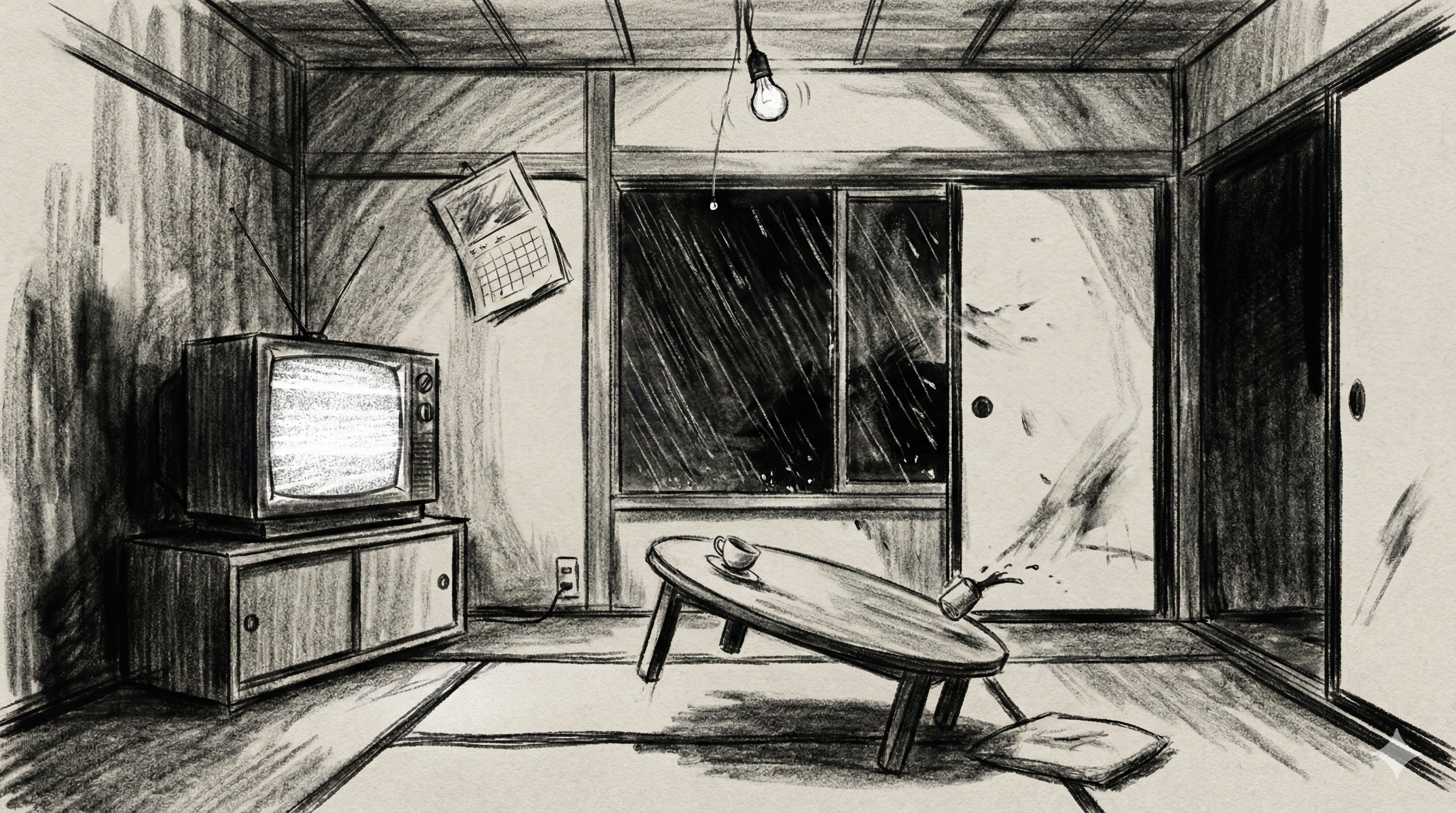 Panel 010: TV Static Revelation — a television set displaying static in the furnished room, its light casting harsh shadows