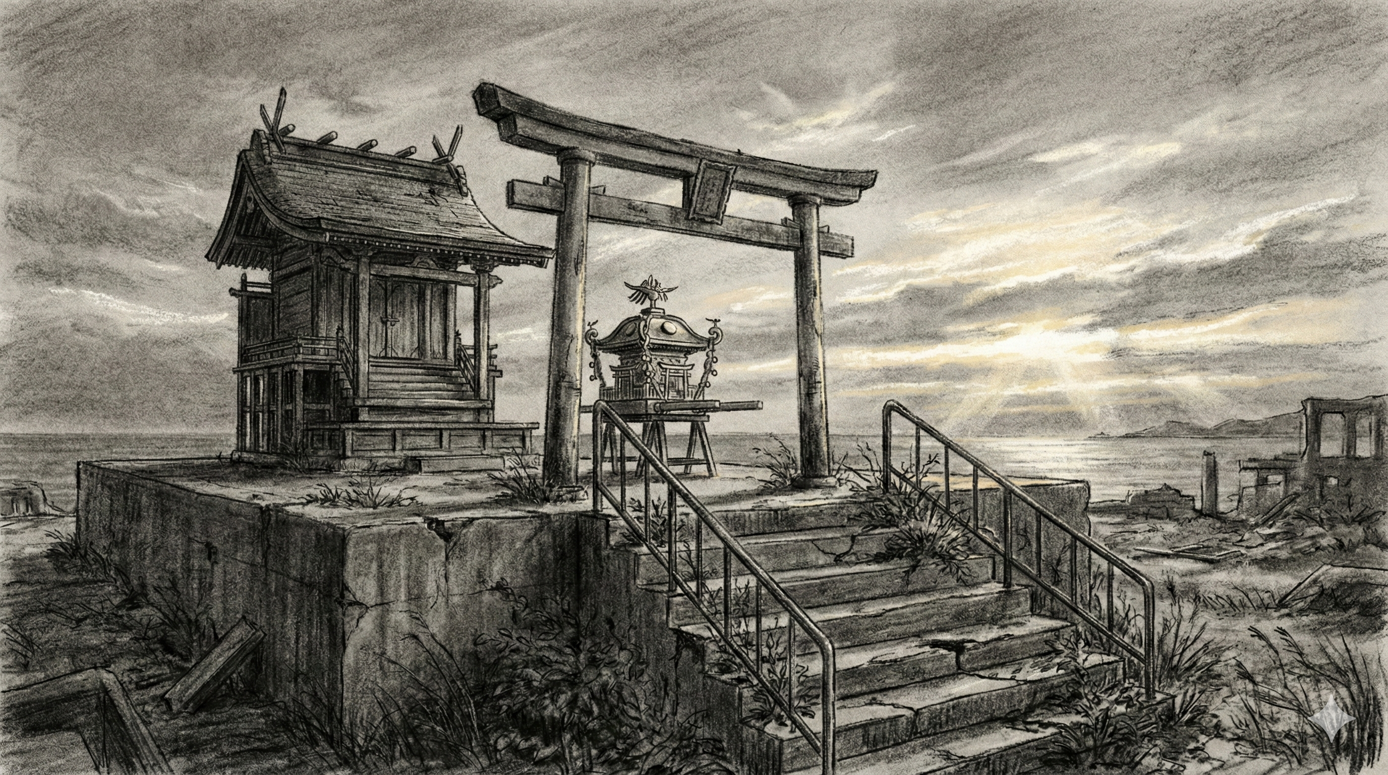 Panel 011: Shrine at Sunset — the small Shinto shrine on Hashima's highest point, silhouetted against a dramatic post-typhoon sunset