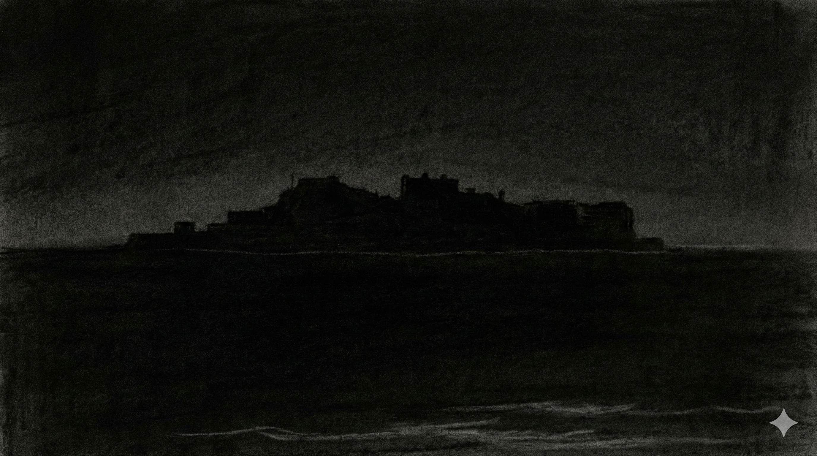 Panel 015: Darkness / Ending — near-total black with only the faintest silhouette of the island against the sea horizon