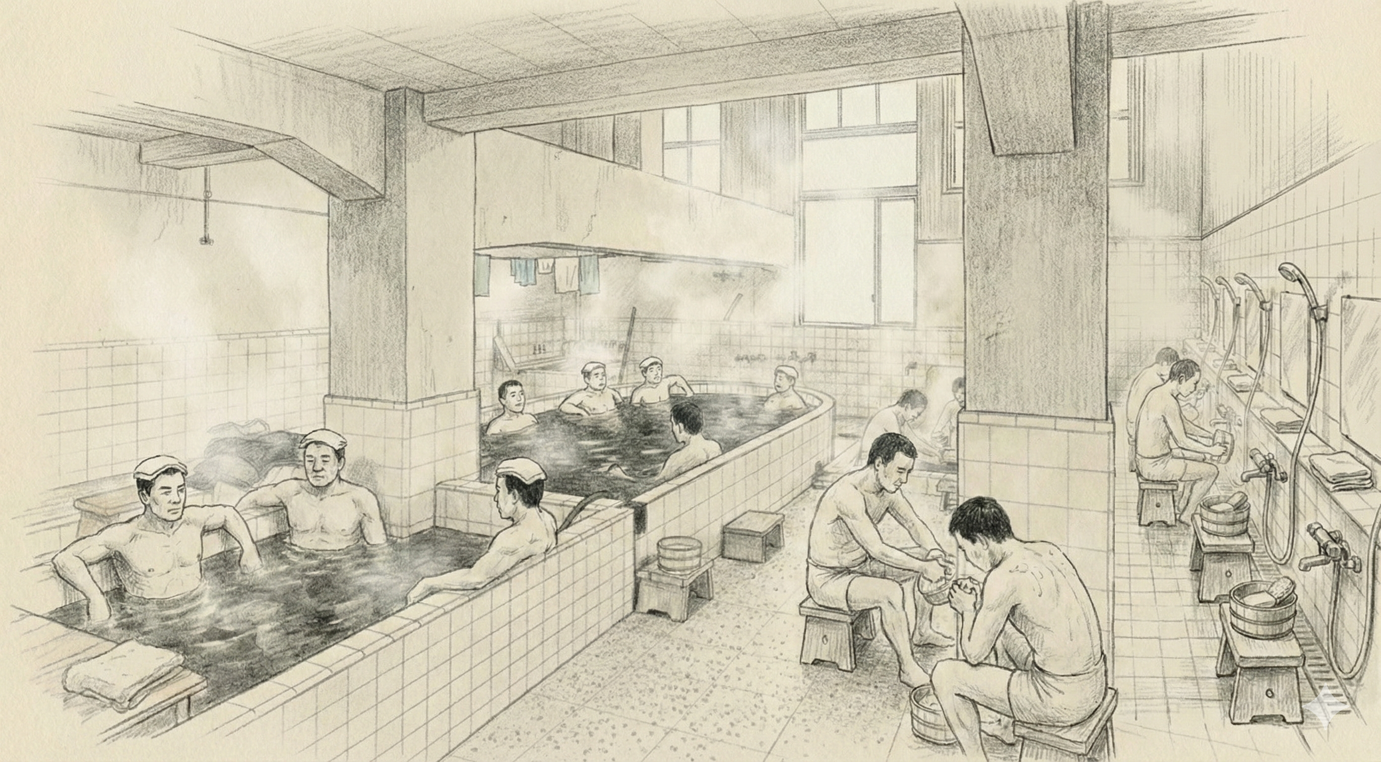Charcoal sketch: the sentō — communal bathing as social space in mining communities
