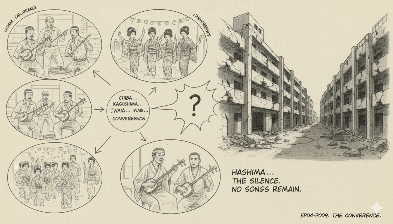 Charcoal sketch: convergence — regional traditions meeting on Hashima's 6.3 hectares