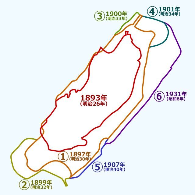 Diagram showing Hashima Island's six phases of land reclamation from 1893 to 1931, with the original reef progressively expanded by seawalls.